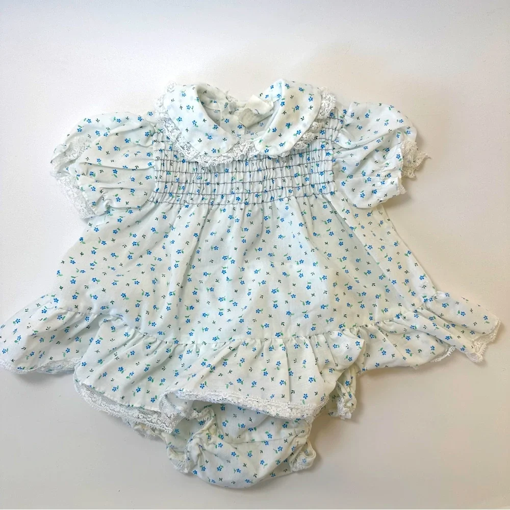 VTG Toddle Time by JcPenney Smocked‎ Dress Bloomer White w/ Blue Flowers 2pc set